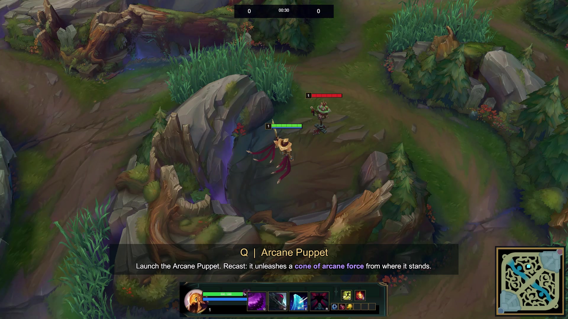Arcane Puppet's purple cone attack fired from its deployed position toward a practice dummy